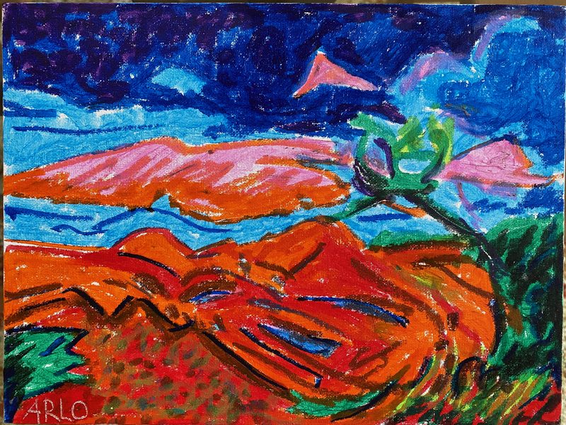 Expressive landscape painting in orange, blue, pink and green, signed ARLO